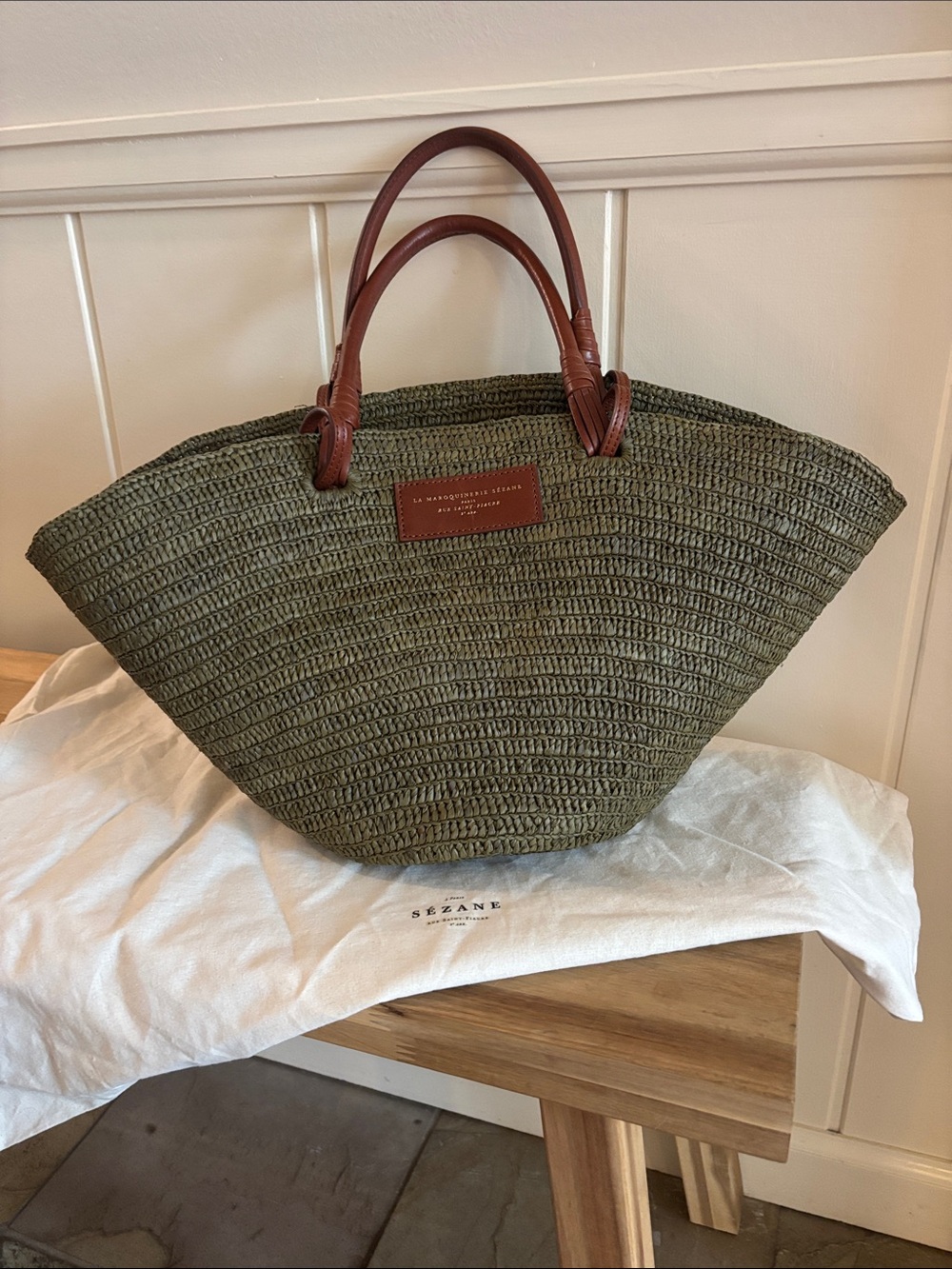 Sezane Justine Raffia Basket Bag Olive Green - Picture 2 of 5